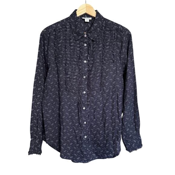 Sundance Nola Ruffle Cotton Long Sleeve Button Up Blouse in Navy Size S - Picture 2 of 6